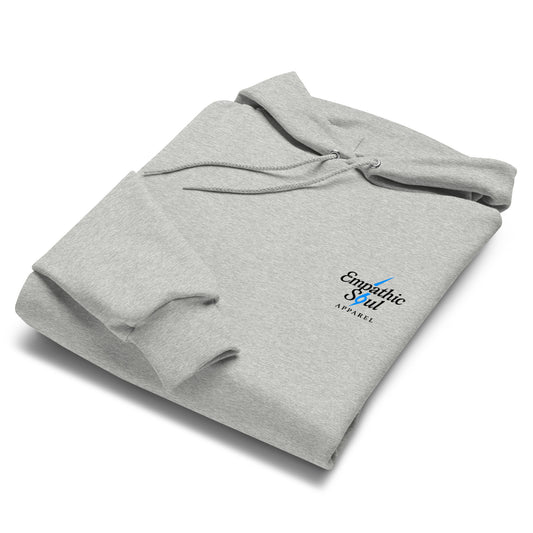 folded light gray hoodie with small empathic soul apparel logo on left chest