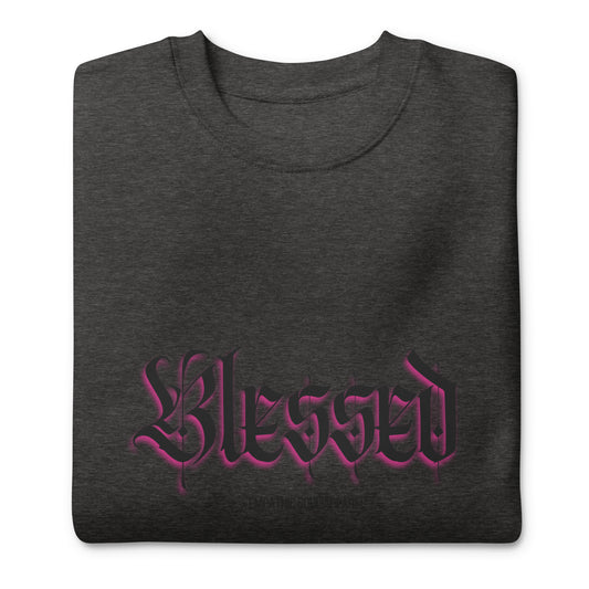 Charcoal heather grey sweatshirt with Blessed in old English Font on the front