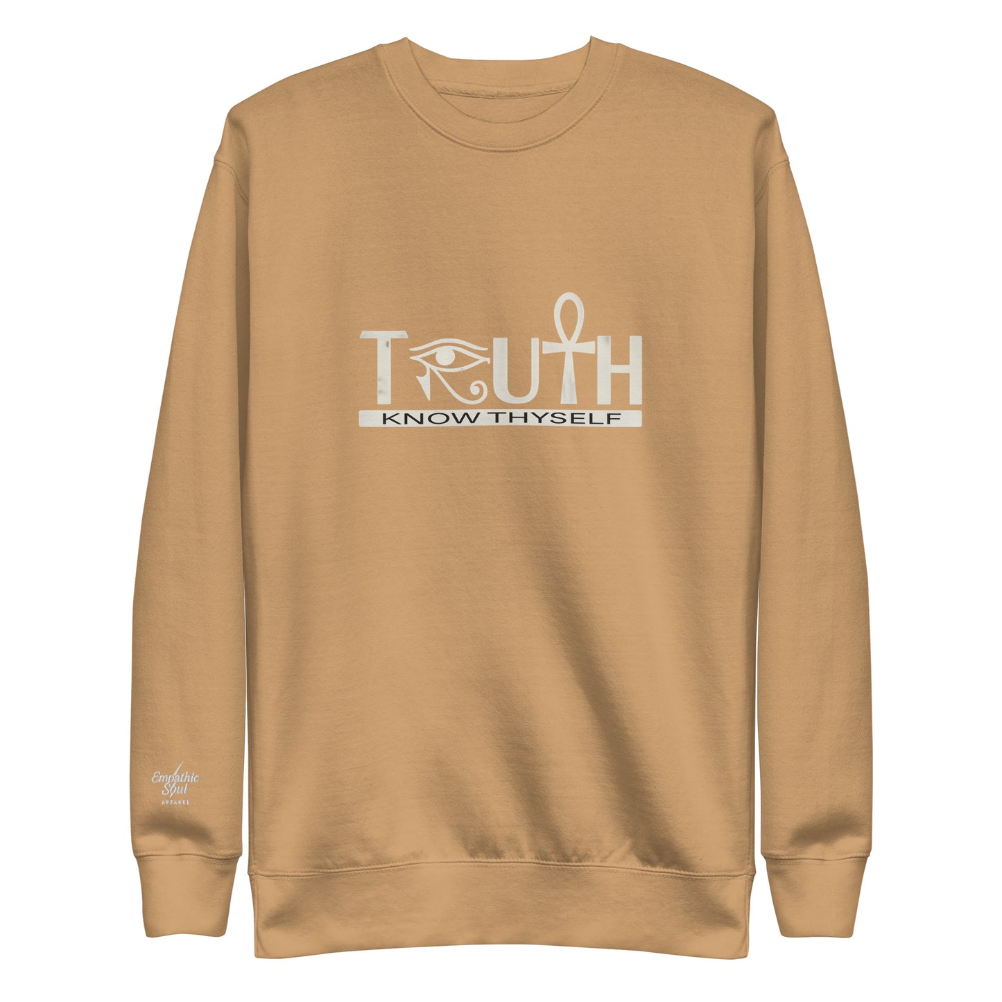 Khaki sweatshirt with 'TRUTH KNOW THYSELF' text and eye of horus symbol as the R and the Ankh symbol as the T on a white background