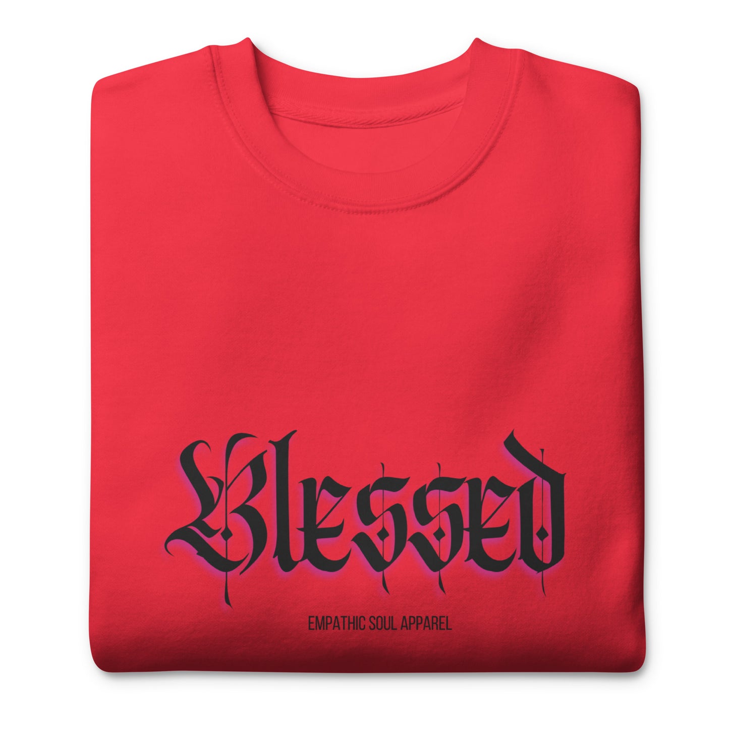 Red sweatshirt with Blessed in old English Font on the front