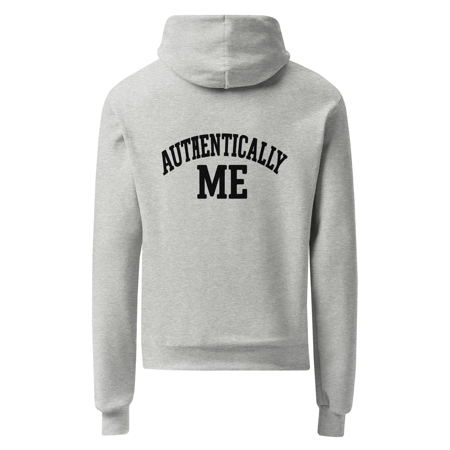 Light gray pullover hoodie. with Authentically Me on the Back in black and the empathic soul apparel logo on the left front