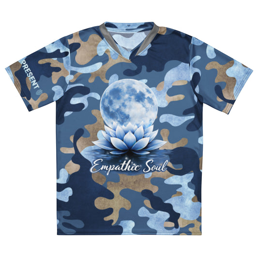 Empathic Soul Blue Camo Jersey featuring spiritual symbols of protection, mindfulness, balance and conscious living.  Front design has blue full moon with a lotus flower and Empathic Soul in script lettering. The Right sleeve has Stay Present