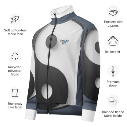 White Jacket with Black and white yin yang all over with Empathic Soul Apparel Logo on Left chest