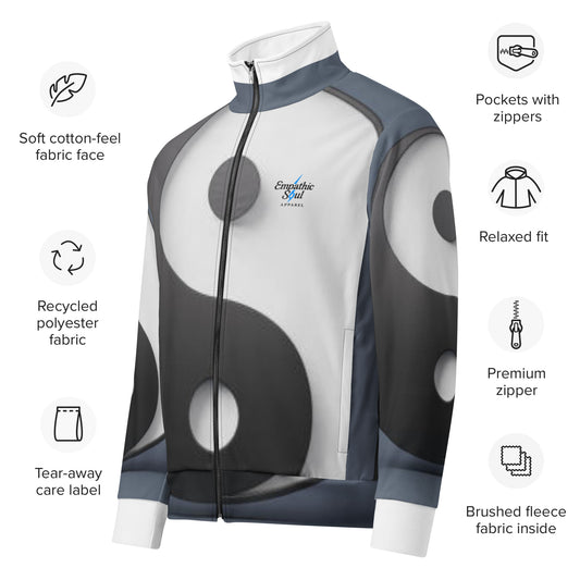 White Jacket with Black and white yin yang all over with Empathic Soul Apparel Logo on Left chest