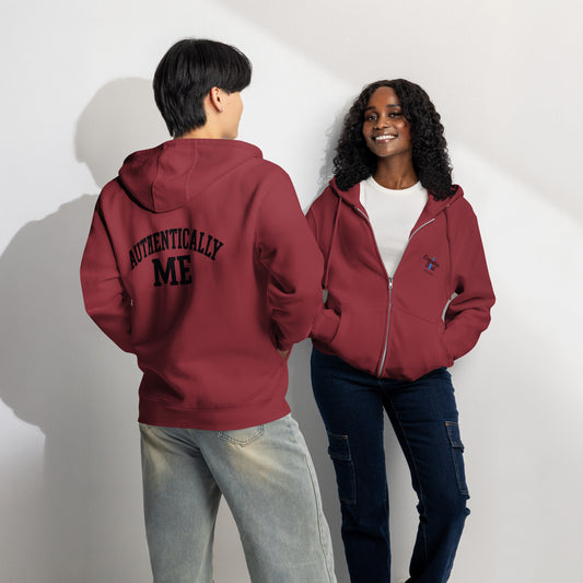 maroon zip up hoodie with Empathic Soul Apparel Logo on Front Left and Authentically Me in Black on the back