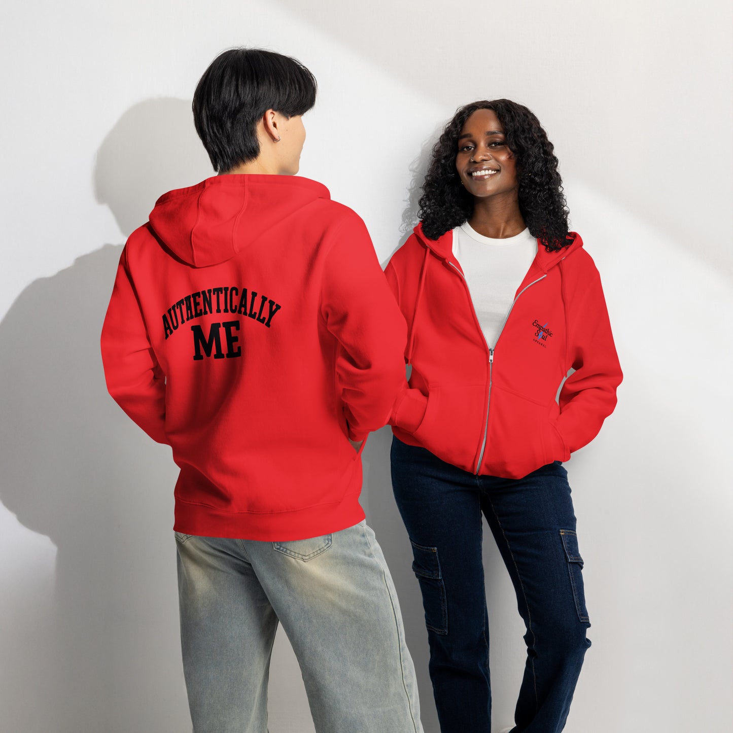 Red zip up hoodie with Empathic Soul Apparel Logo on Front Left and Authentically Me in Black on the back