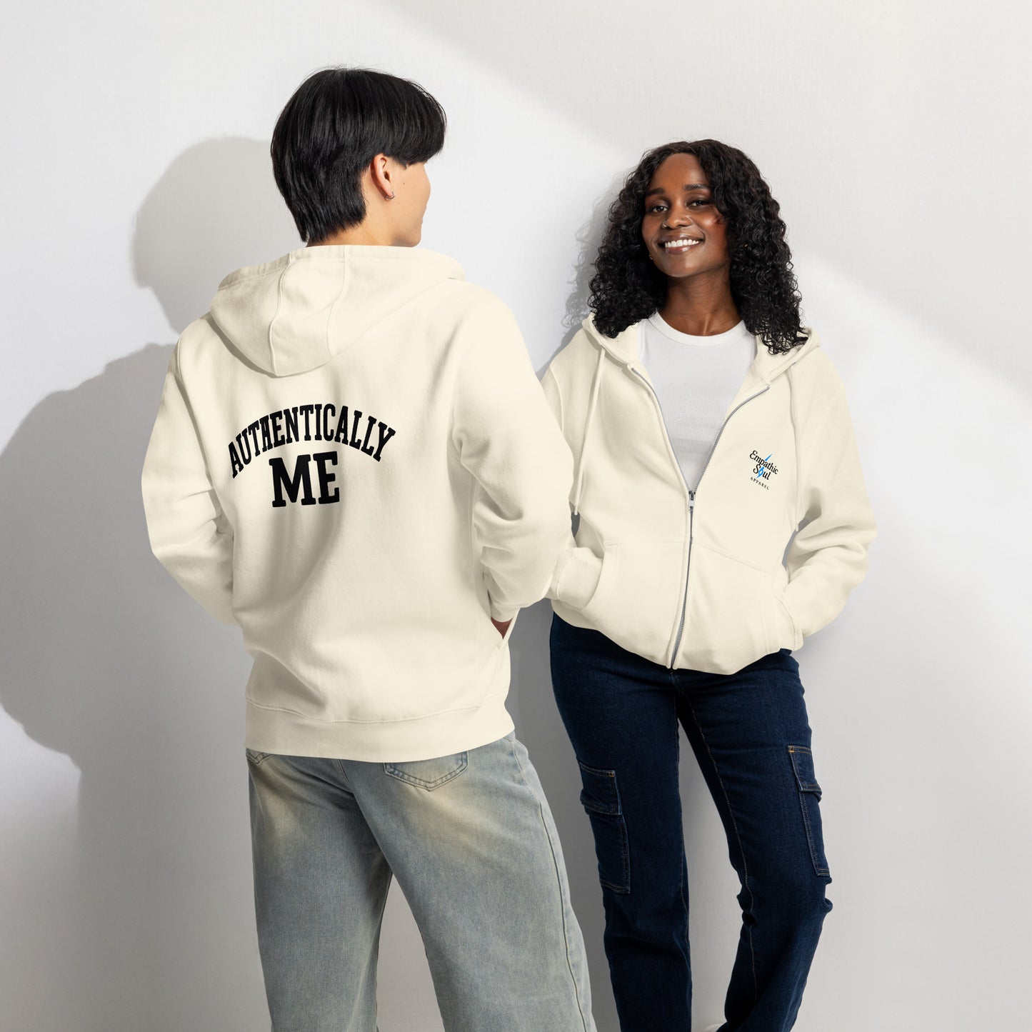 Sandshell zip up hoodie with Empathic Soul Apparel Logo on Front Left and Authentically Me in Black on the back