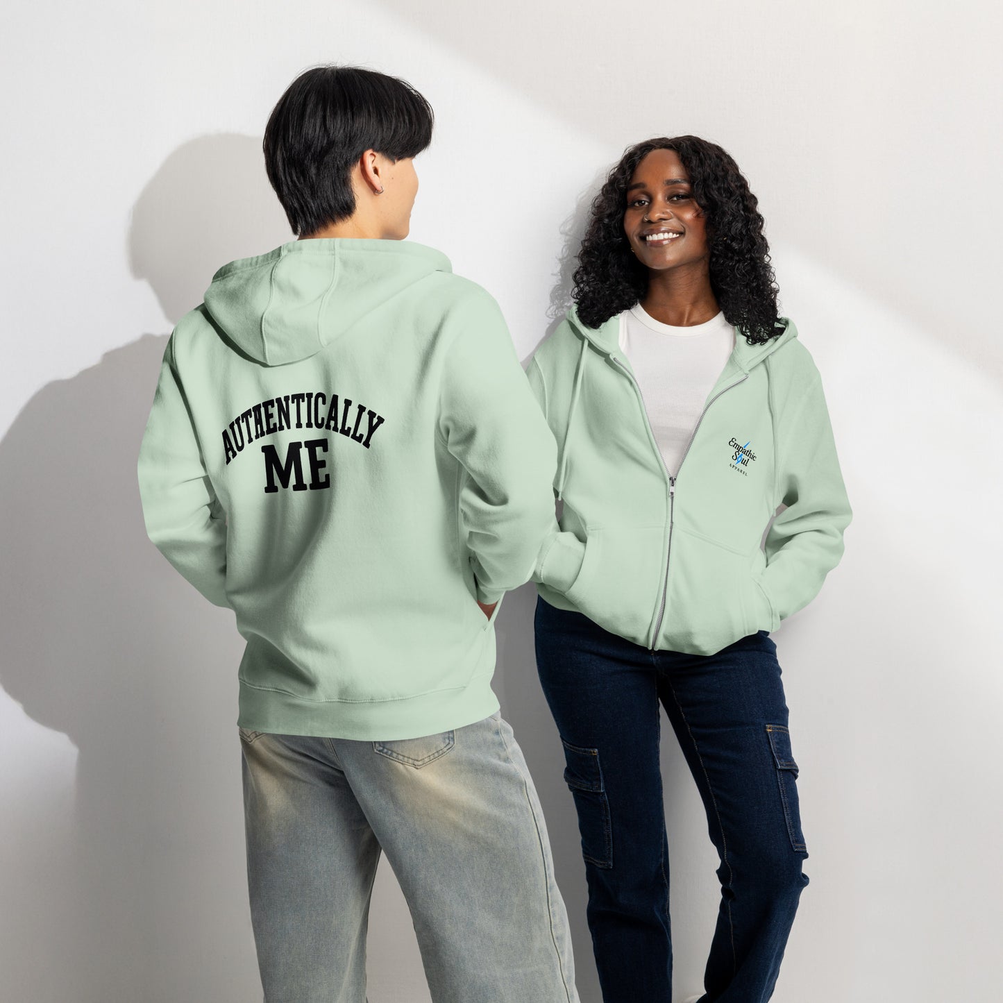 Seafoam (mint green) zip up hoodie with Empathic Soul Apparel Logo on Front Left and Authentically Me in Black on the back