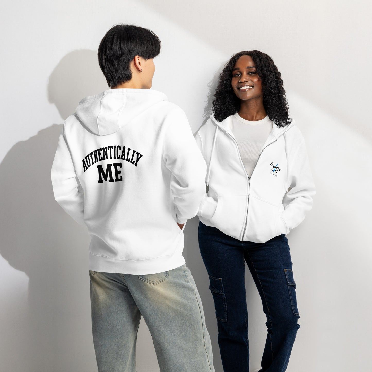 White zip up hoodie with Empathic Soul Apparel Logo on Front Left and Authentically Me in Black on the back