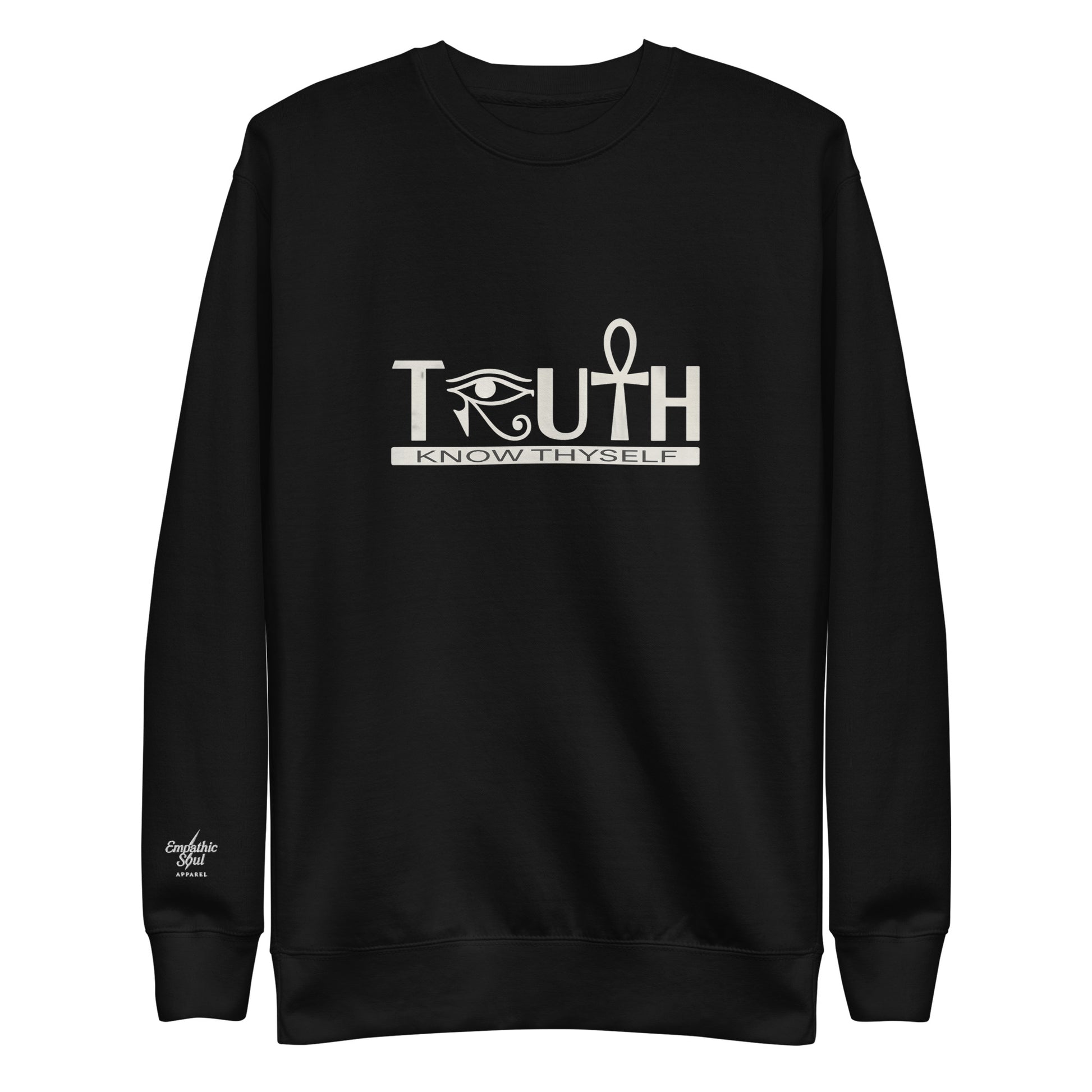 Black sweatshirt with 'TRUTH KNOW THYSELF' text and eye of horus symbol as the R and the Ankh symbol as the T on a white background