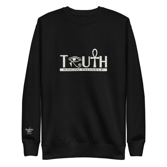 Black sweatshirt with 'TRUTH KNOW THYSELF' text and eye of horus symbol as the R and the Ankh symbol as the T on a white background