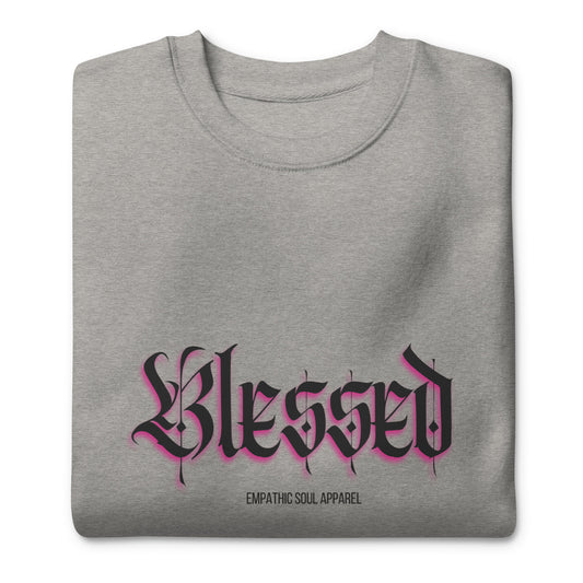 Carbon grey sweatshirt with Blessed in old English Font on the front