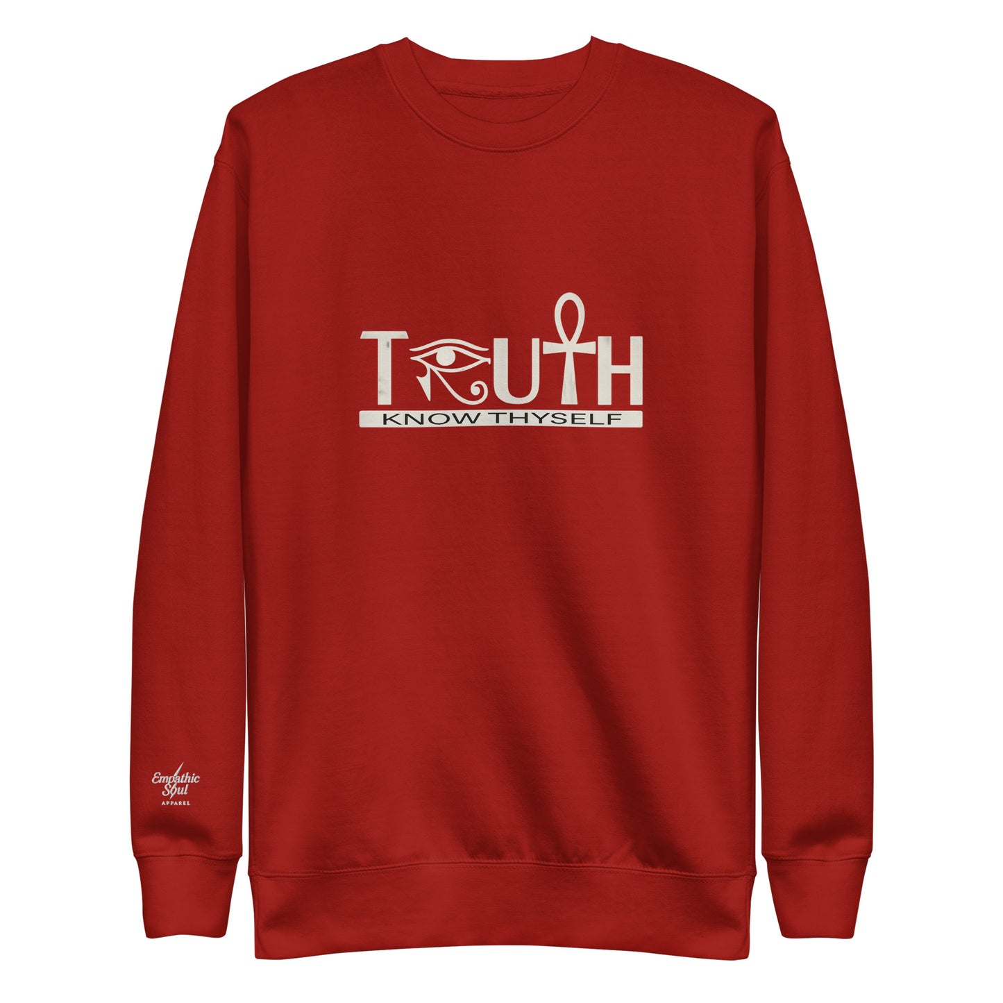 Maroon sweatshirt with 'TRUTH KNOW THYSELF' text and eye of horus symbol as the R and the Ankh symbol as the T on a white background