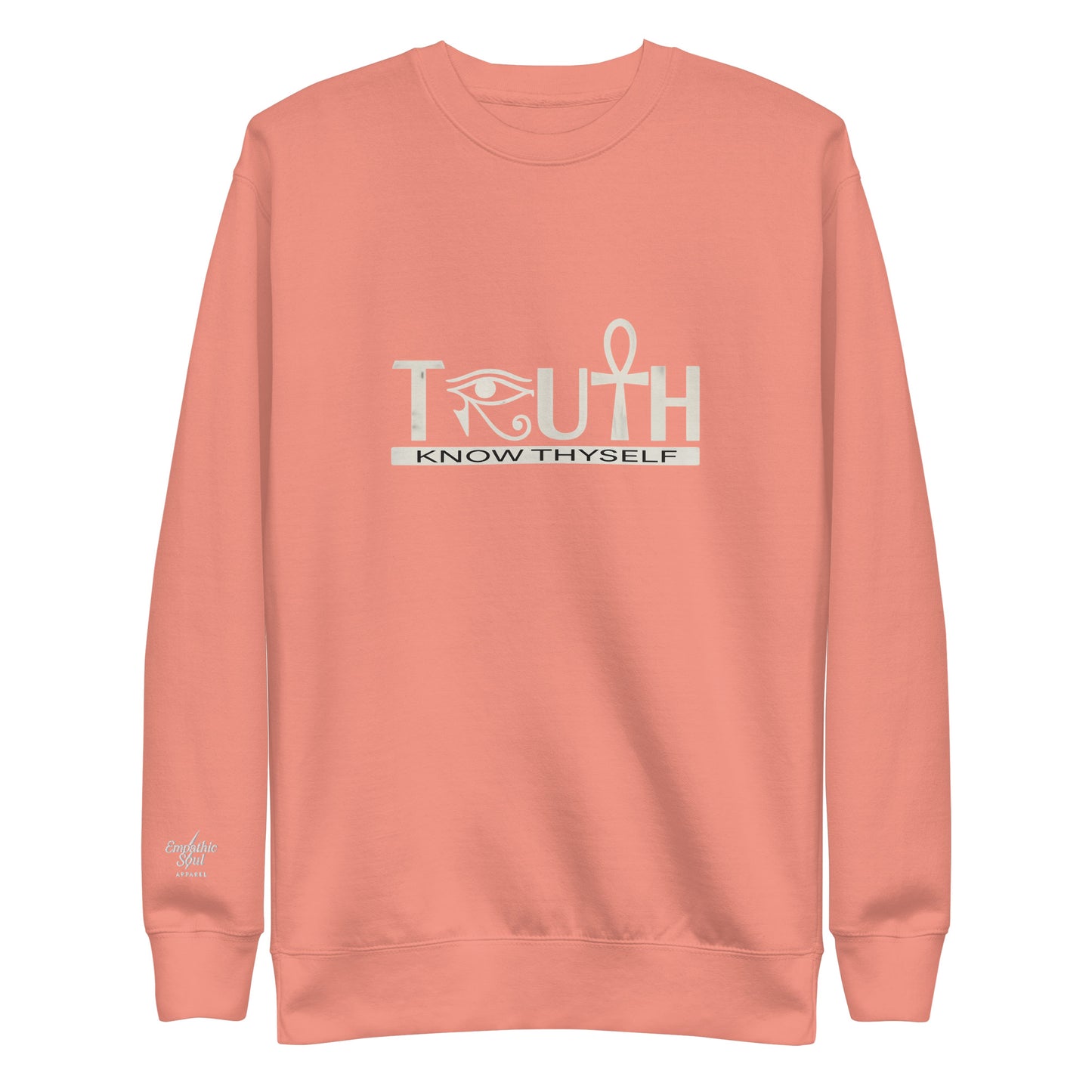 Dusty Rose sweatshirt with 'TRUTH KNOW THYSELF' text and eye of horus symbol as the R and the Ankh symbol as the T on a white background