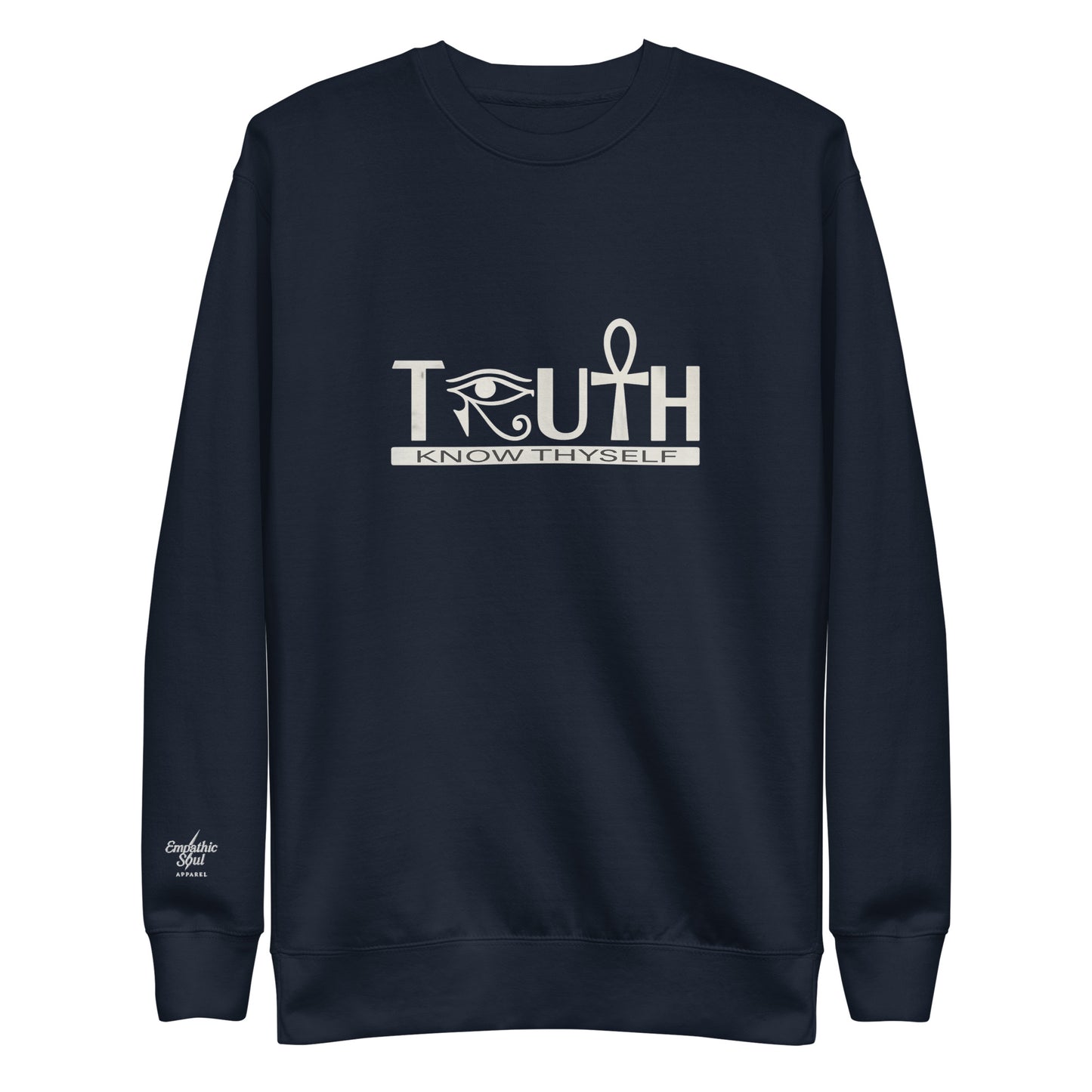 Navy sweatshirt with 'TRUTH KNOW THYSELF' text and eye of horus symbol as the R and the Ankh symbol as the T on a white background