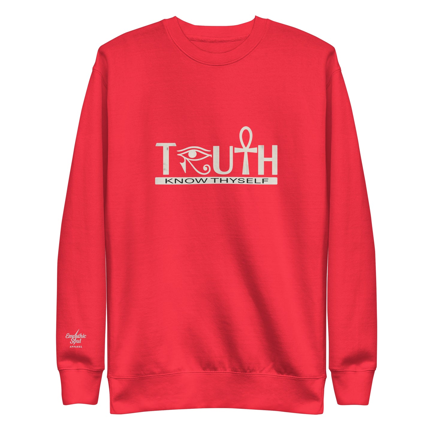 Red sweatshirt with 'TRUTH KNOW THYSELF' text and eye of horus symbol as the R and the Ankh symbol as the T on a white background