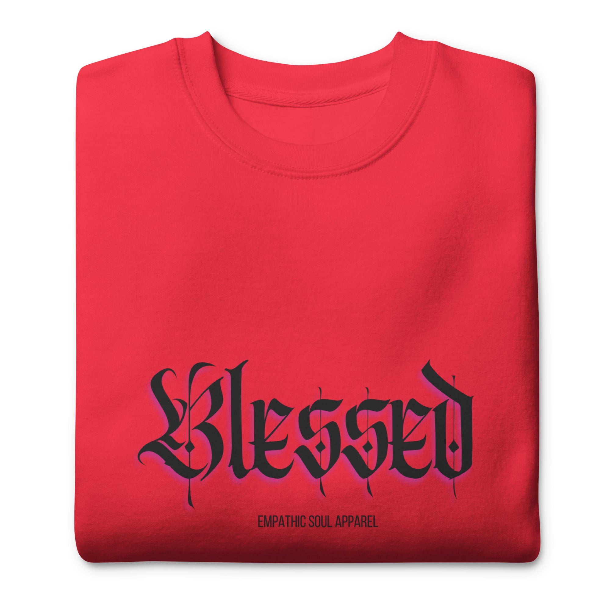 Red sweatshirt with Blessed in old English Font on the front