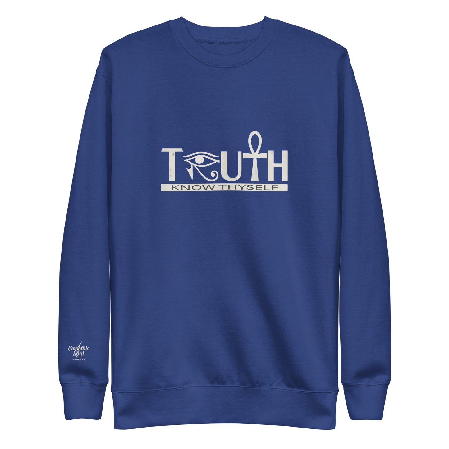 Royal Blue sweatshirt with 'TRUTH KNOW THYSELF' text and eye of horus symbol as the R and the Ankh symbol as the T on a white background